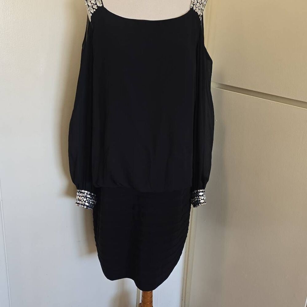 BETSY & ADAM Blk. Blouson, Cold Shoulder, Rhinestone Trim, Bishop Slv. 16W, EUC